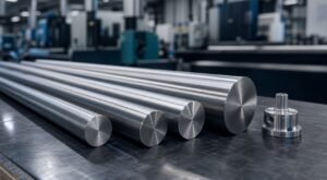 Precision-ground 17-4 PH stainless steel round bars in a modern metal service center