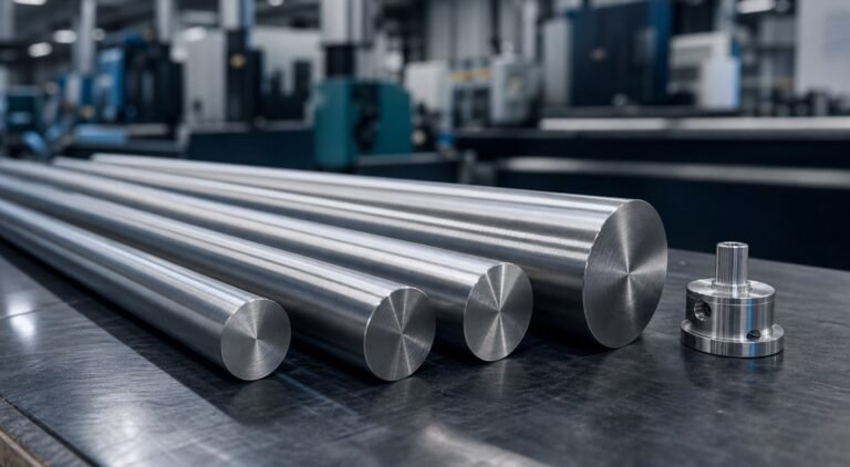 Precision-ground 17-4 PH stainless steel round bars in a modern metal service center