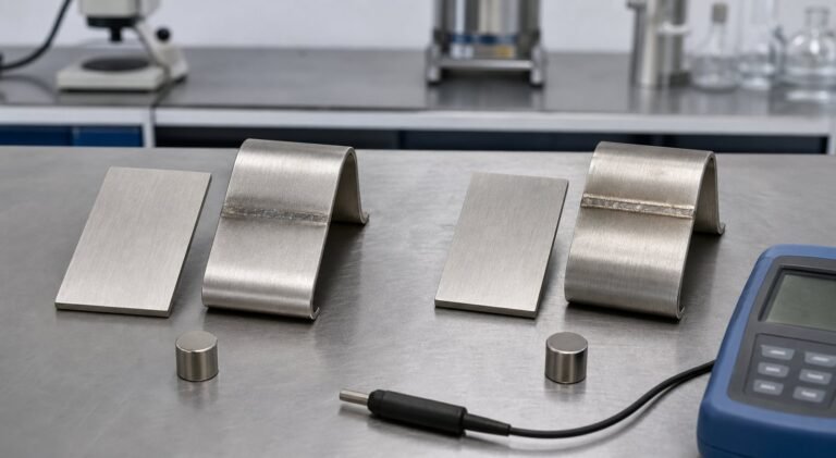 304 and 316 stainless steel samples being compared with a small magnet and permeability meter