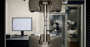 4140 alloy steel tensile specimen mounted in a universal testing machine
