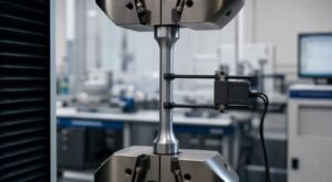4140 steel tensile specimen with a stress strain curve on a laboratory monitor