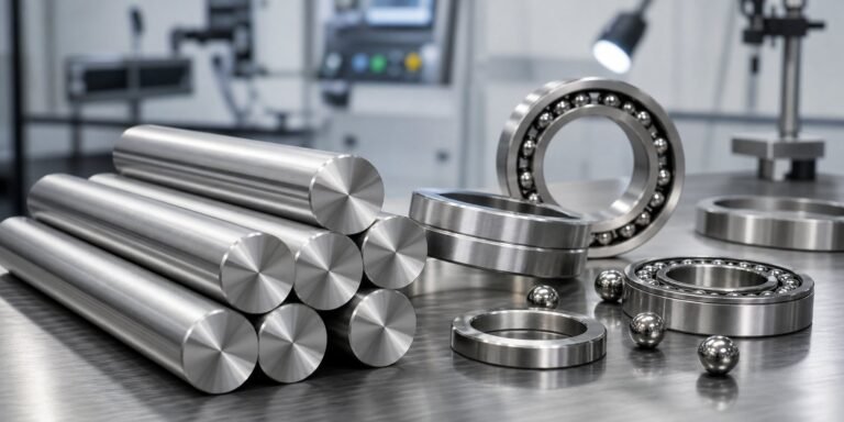 Precision 440C stainless steel bearing rings and valve components on an inspection bench