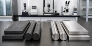 Carbon steel and stainless steel plates compared side by side in a fabrication shop