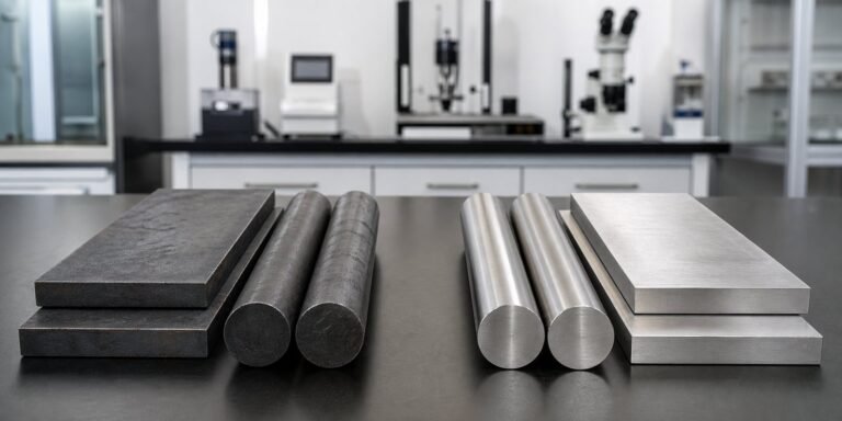 Carbon steel and stainless steel plates compared side by side in a fabrication shop