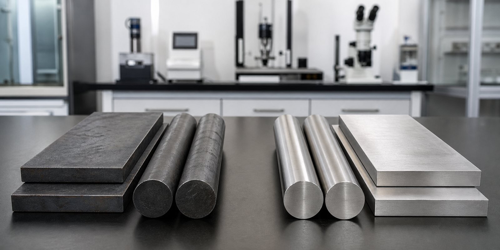 Carbon steel and stainless steel plates compared side by side in a fabrication shop