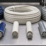 Several coated wire ropes with clear PVC nylon black polyethylene and polyurethane jackets