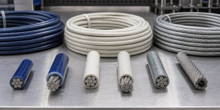 Several coated wire ropes with clear PVC nylon black polyethylene and polyurethane jackets