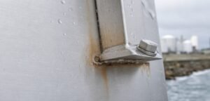 Localized tea staining around a stainless steel welded crevice in a coastal industrial setting