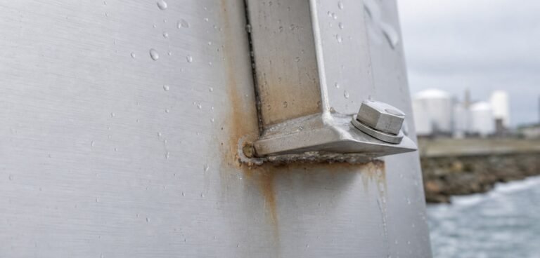 Localized tea staining around a stainless steel welded crevice in a coastal industrial setting