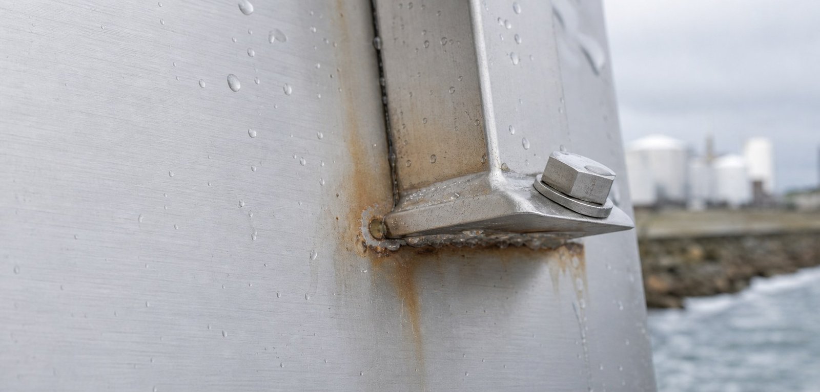 Localized tea staining around a stainless steel welded crevice in a coastal industrial setting