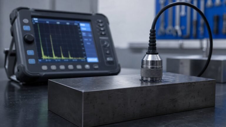 Technician performing ultrasonic testing on a large H13 tool steel block