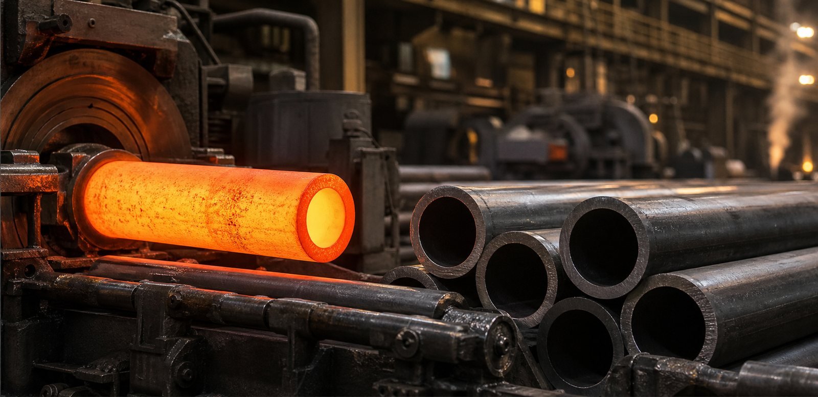 Hot steel hollow shell moving through a seamless pipe rolling mill