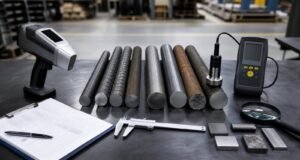Quality inspector comparing steel markings dimensions and material certificate