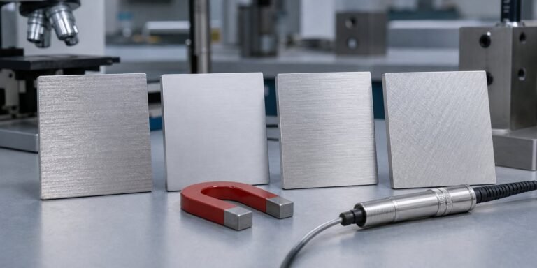 Magnet testing several stainless steel bars in a clean metal workshop