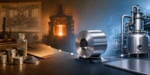 Timeline-inspired display of stainless steel coils and corrosion testing samples