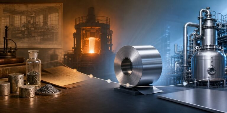 Timeline-inspired display of stainless steel coils and corrosion testing samples