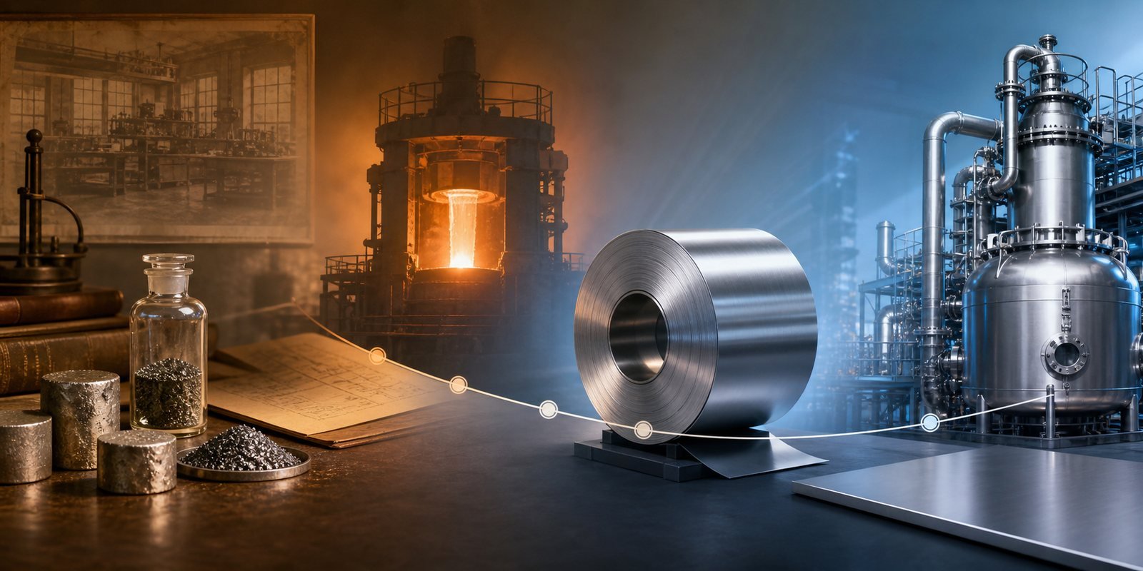 Timeline-inspired display of stainless steel coils and corrosion testing samples