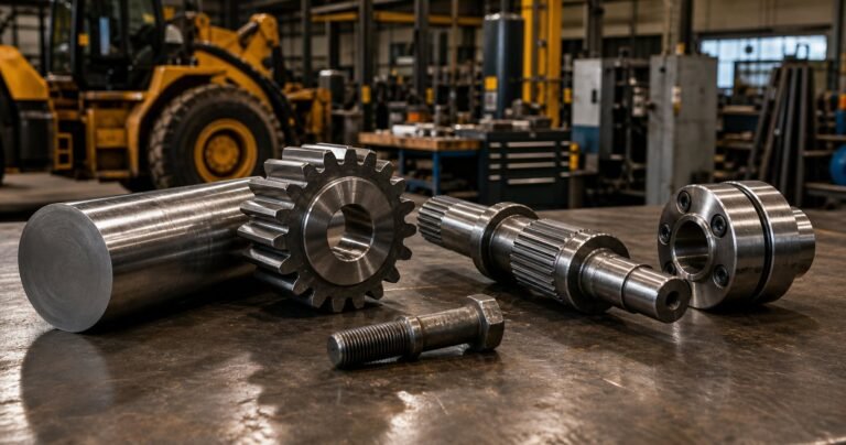 4140 alloy steel shafts gears pins and tooling components arranged in a workshop