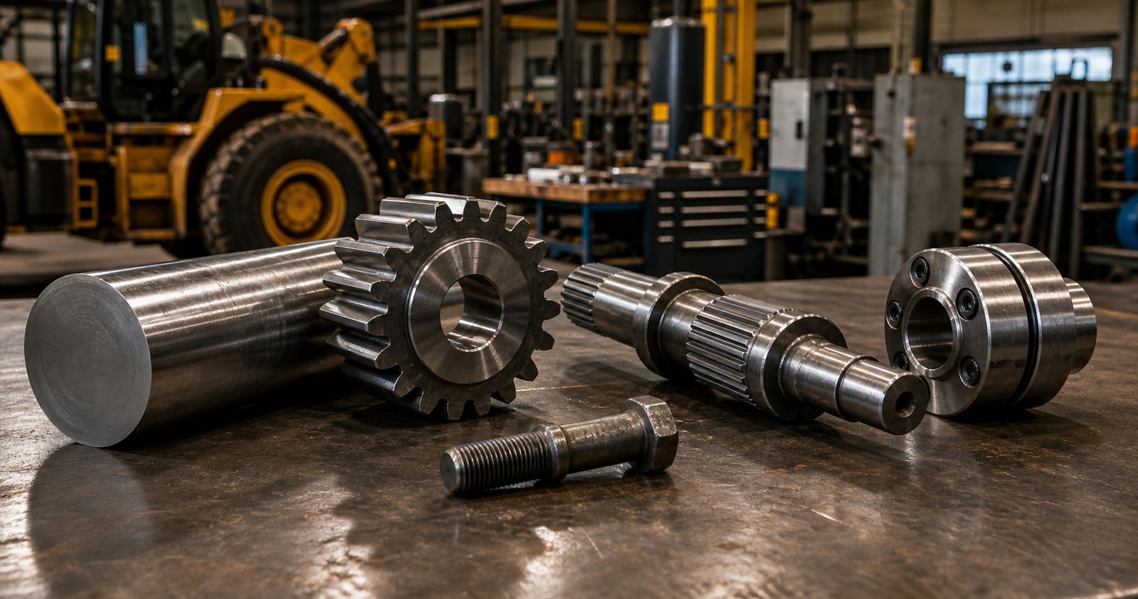 4140 alloy steel shafts gears pins and tooling components arranged in a workshop