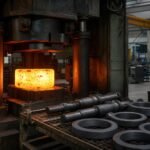 Glowing steel billet being shaped under a large open-die forging press