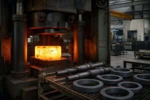 Glowing steel billet being shaped under a large open-die forging press