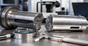 Close view of a fractured steel shaft under laboratory inspection