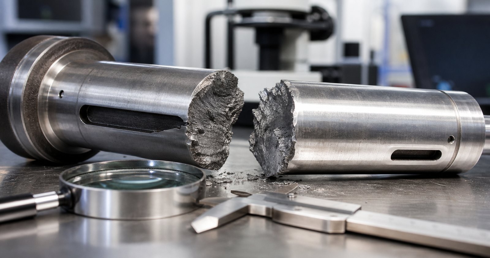 Close view of a fractured steel shaft under laboratory inspection