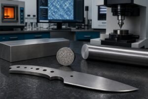 Martensitic stainless steel flat and round stock, metallographic coupon, blade blank and hardness tester