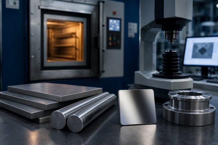 Martensitic stainless steel plate, round bars, polished coupon and precision wear component near heat-treatment equipment