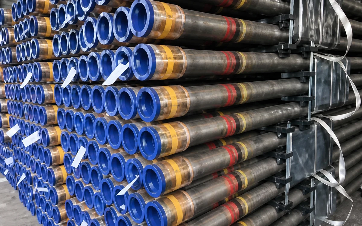 Stacked L80 13Cr seamless casing and tubing with blue thread protectors