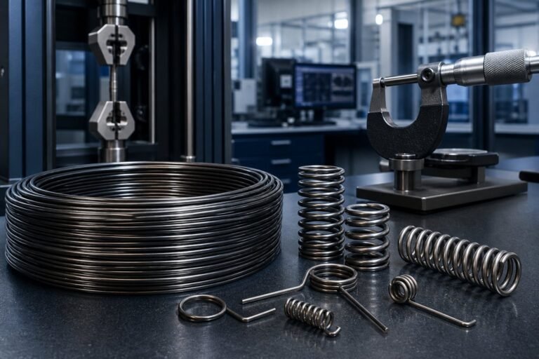 High-carbon music wire coil and precision compression and torsion springs in a spring testing laboratory