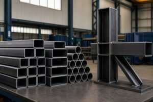 Round, square and rectangular carbon steel structural tubing beside a welded HSS connection sample