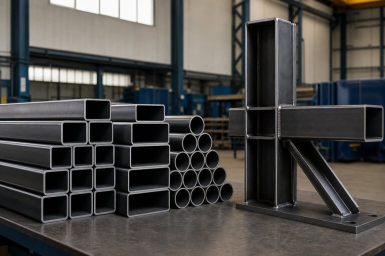Round, square and rectangular carbon steel structural tubing beside a welded HSS connection sample