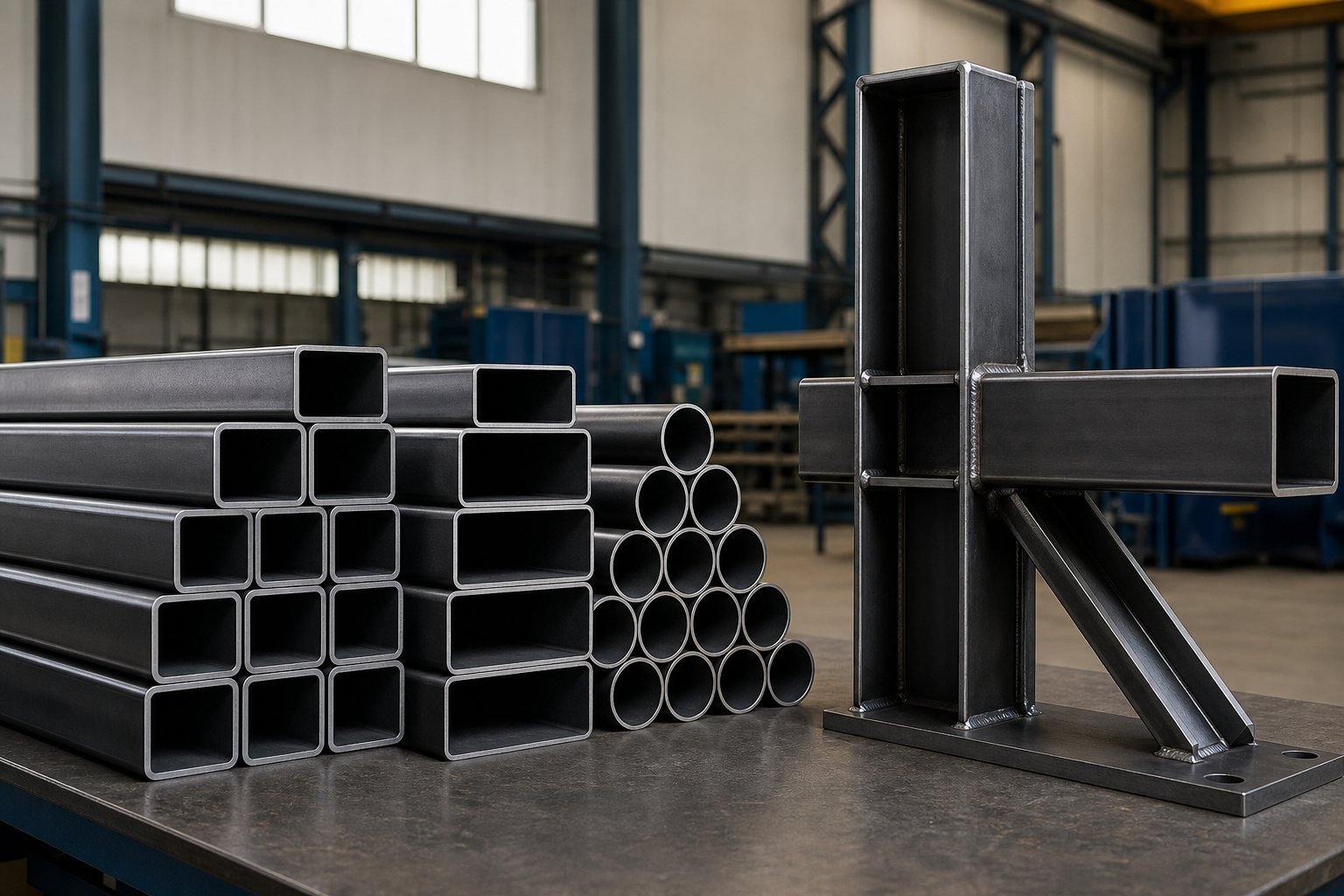 Round, square and rectangular carbon steel structural tubing beside a welded HSS connection sample