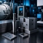 Cold-work tool steel flat stock, precision punch, die block and hardness tester near a vacuum heat-treatment furnace