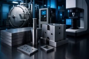Cold-work tool steel flat stock, precision punch, die block and hardness tester near a vacuum heat-treatment furnace