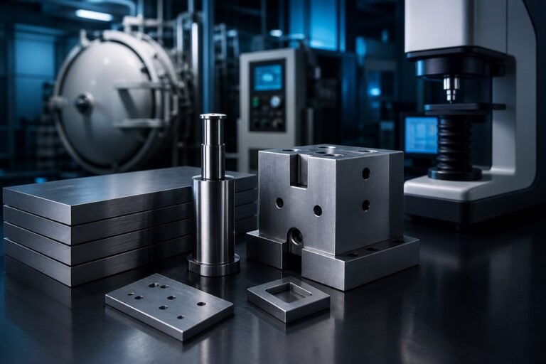 Cold-work tool steel flat stock, precision punch, die block and hardness tester near a vacuum heat-treatment furnace