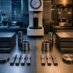 Two sets of cold-work tool steel stock, punches and test coupons arranged for a neutral laboratory comparison