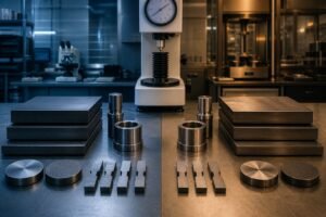 Two sets of cold-work tool steel stock, punches and test coupons arranged for a neutral laboratory comparison