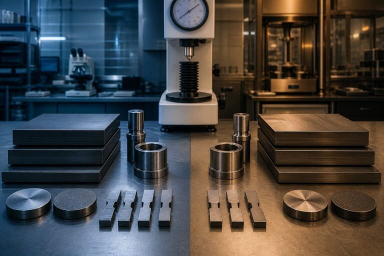 Two sets of cold-work tool steel stock, punches and test coupons arranged for a neutral laboratory comparison