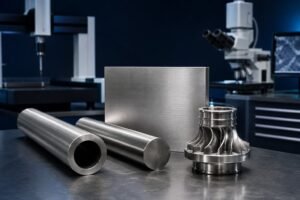 Nickel alloy tube, round bar, plate and machined high-temperature component in a materials laboratory