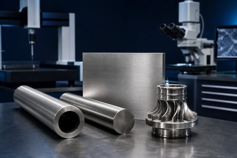 Nickel alloy tube, round bar, plate and machined high-temperature component in a materials laboratory