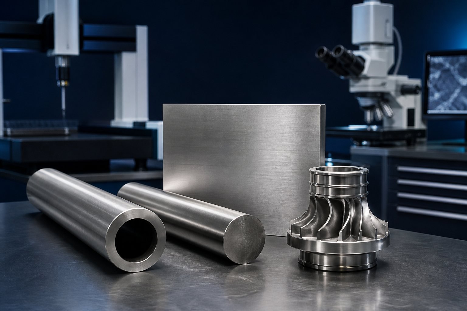 Nickel alloy tube, round bar, plate and machined high-temperature component in a materials laboratory