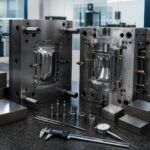 Open precision plastic injection mould with polished cavities, mould steel blocks and inspection instruments