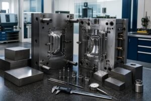 Open precision plastic injection mould with polished cavities, mould steel blocks and inspection instruments