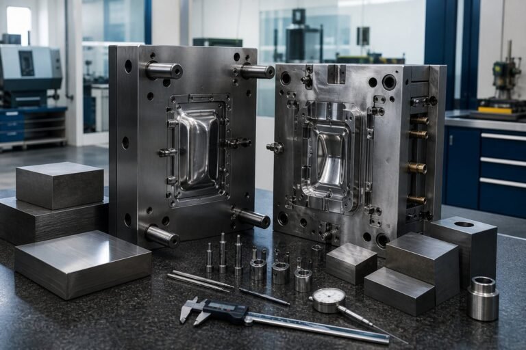 Open precision plastic injection mould with polished cavities, mould steel blocks and inspection instruments
