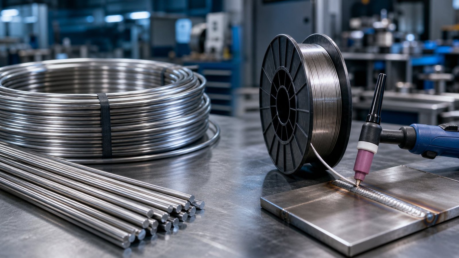 S32760 super duplex round wire beside ER2594 welding wire and a TIG welded test coupon