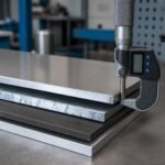 Micrometer measuring stacked standard steel, galvanized steel, stainless steel and aluminum sheets