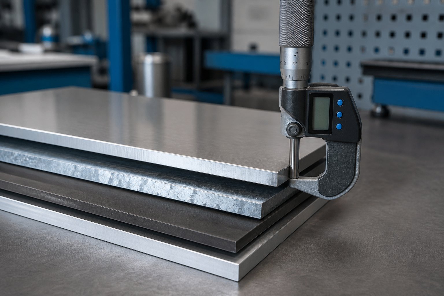 Micrometer measuring stacked standard steel, galvanized steel, stainless steel and aluminum sheets